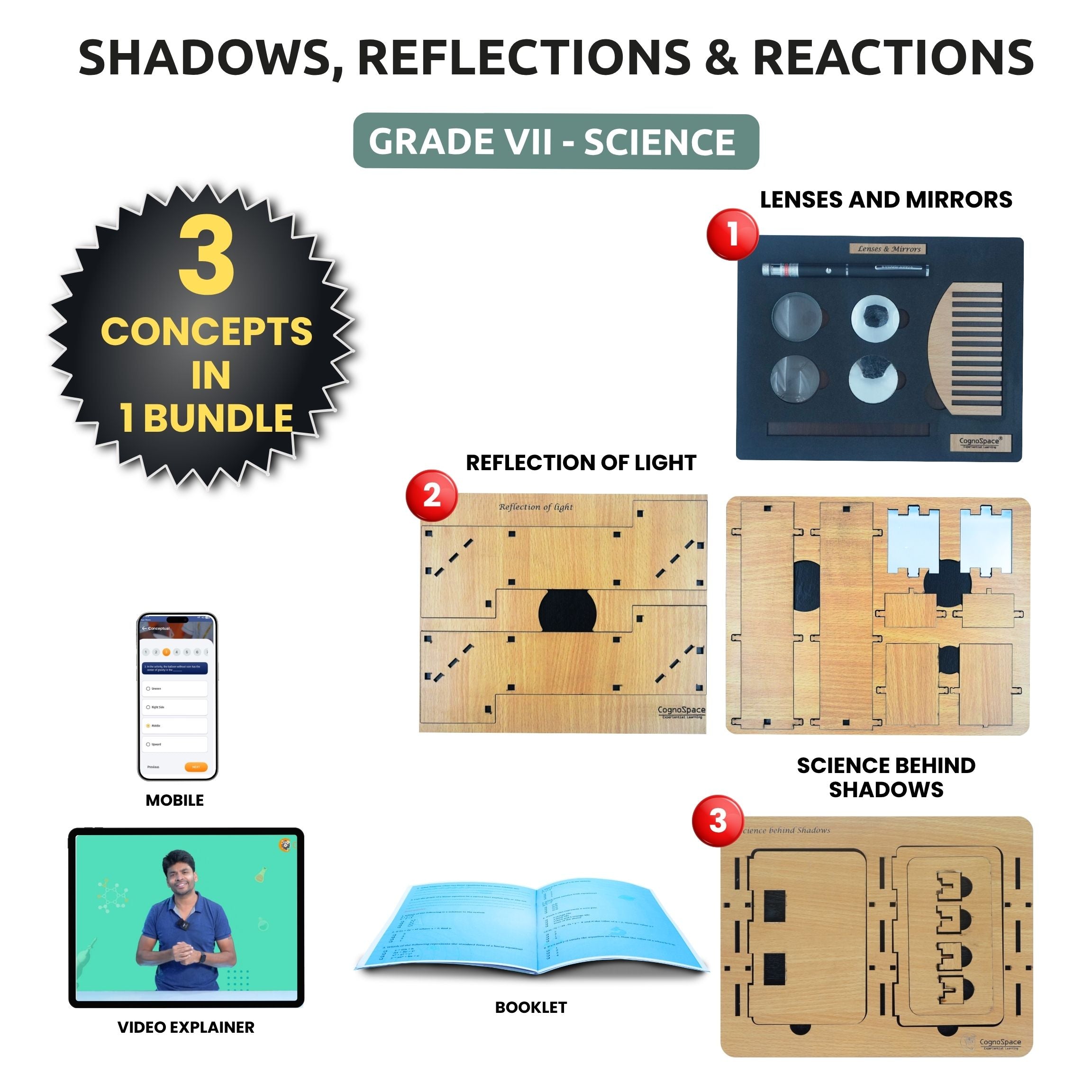 Practiko Class 7 Science Kit – Shadows, Reflections & Reactions experiment setup; Student performing Shadows, Reflections & Reactions activity – Practiko science learning kit; Science concept demonstration from Shadows, Reflections & Reactions kit by Practiko; Hands-on learning with Practiko Shadows, Reflections & Reactions science STEM kit; Shadows, Reflections & Reactions kit materials and tools for Grade 7 science experiments